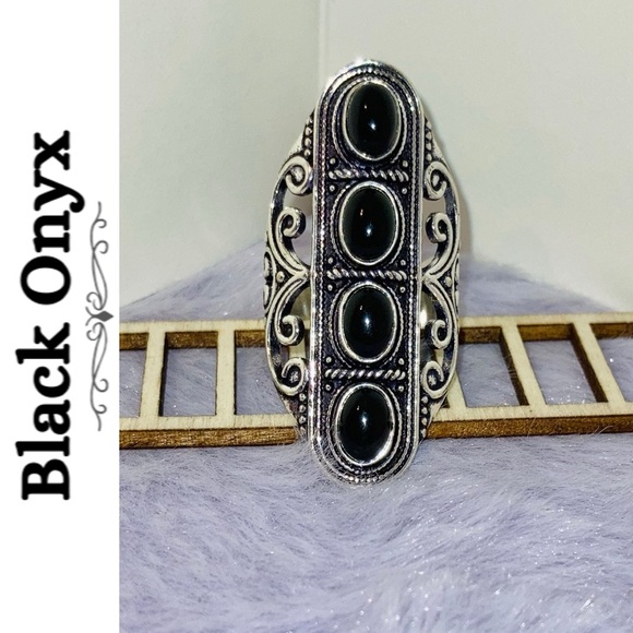 Black Onyx Gemstone Handmade Filigree Shield Armor Ring - Picture 3 of 7
